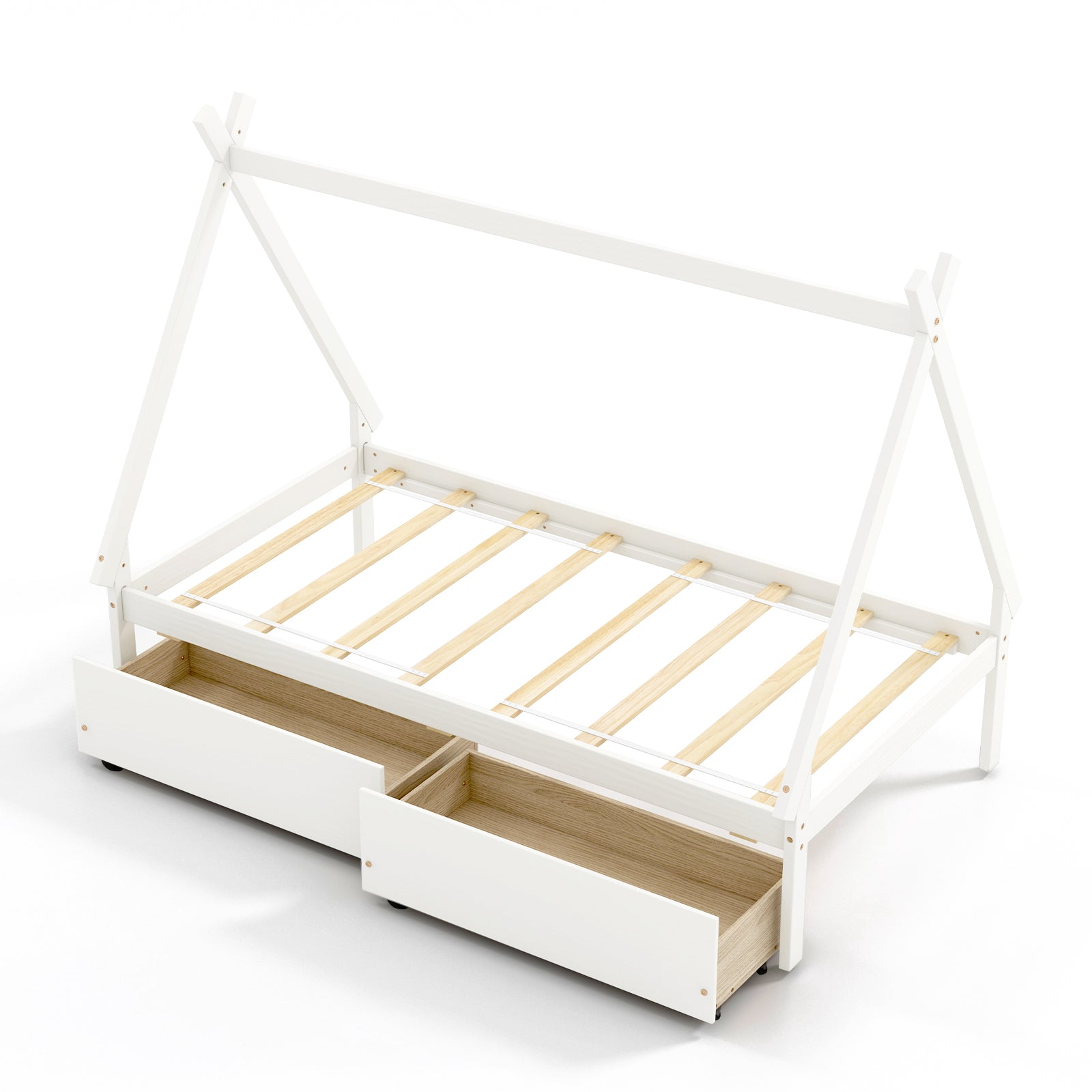 Twin Size Wooden Tent Platform House Bed with 2 Drawers, White Simple Bed Frame at Gallery Canada