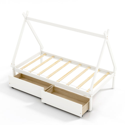 Twin Size Wooden Tent Platform Bed, 2 Drawers, White