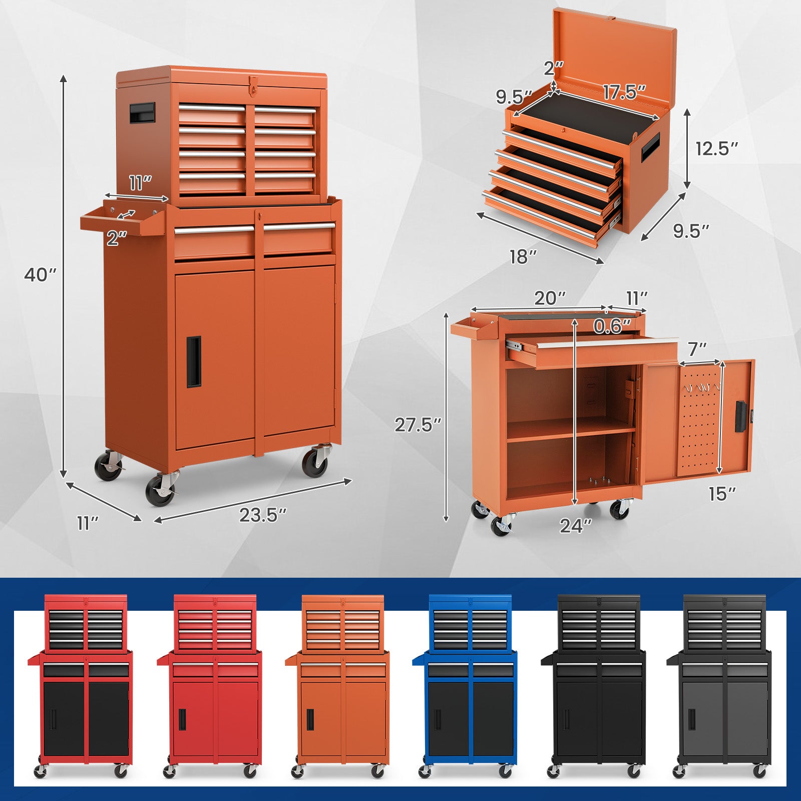 2-in-1 Rolling Tool Chest with 5 Sliding Lockable Drawers, Orange Garages at Gallery Canada