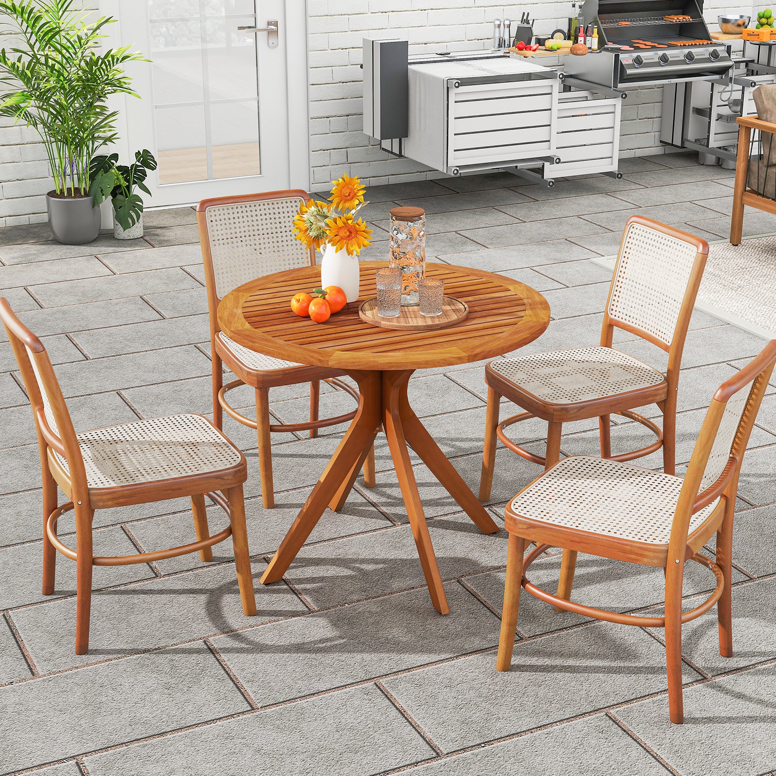 35.5 Inch Patio Wood Dining Table with Slatted Tabletop and Curved Legs Patio Dining Tables at Gallery Canada
