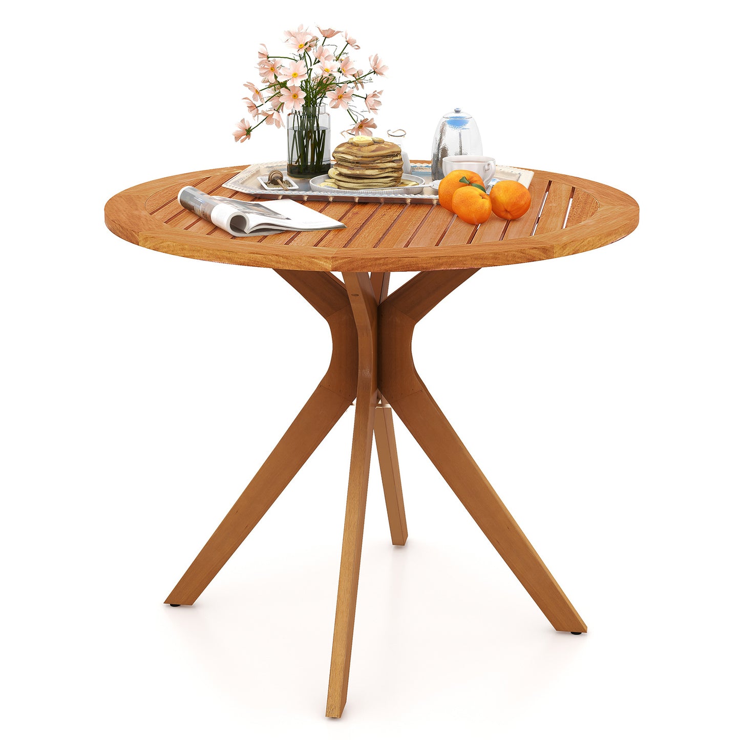 Table à manger en bois de 35,5 pouces, Plateau à lattes, Pieds courbés