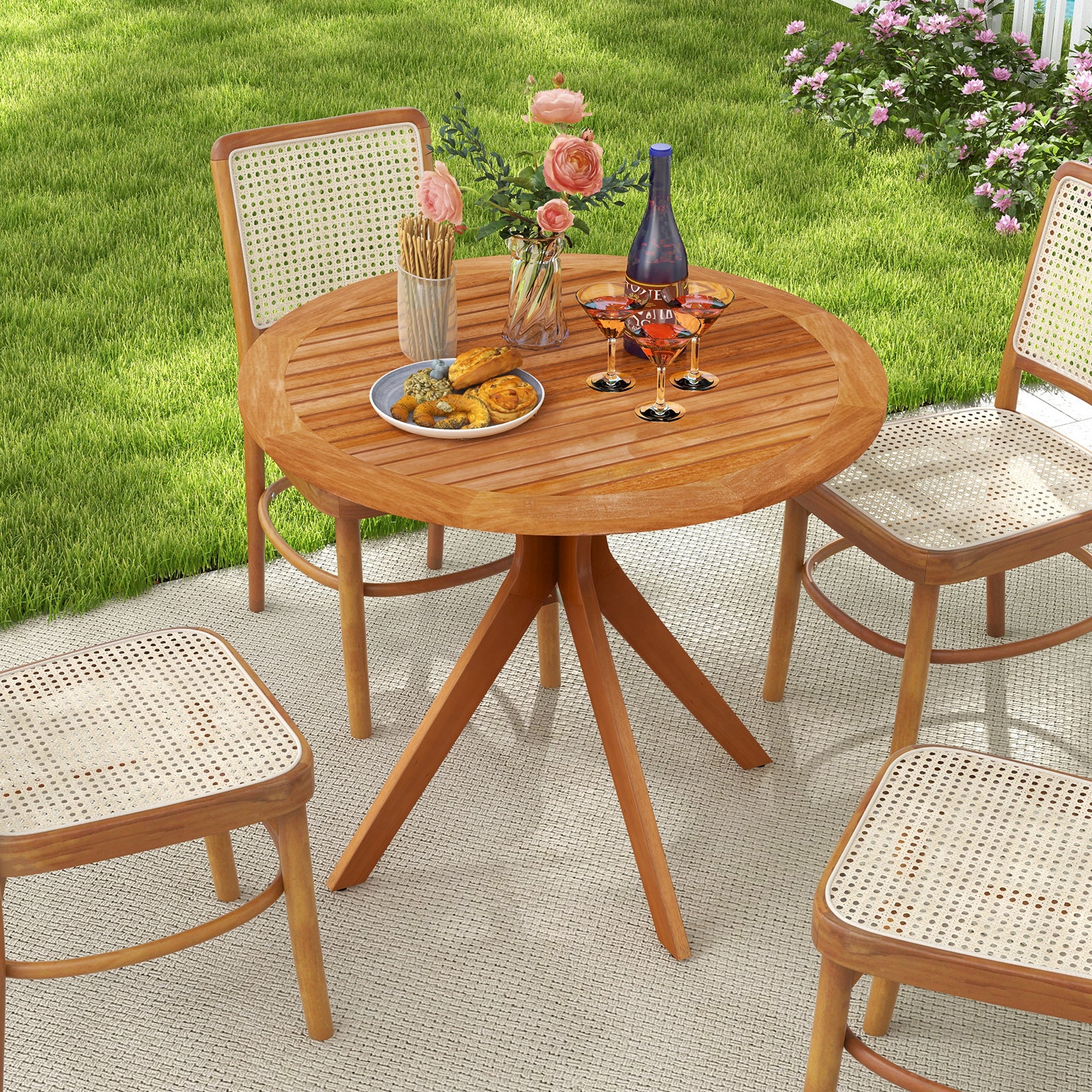 35.5 Inch Patio Wood Dining Table with Slatted Tabletop and Curved Legs Patio Dining Tables at Gallery Canada