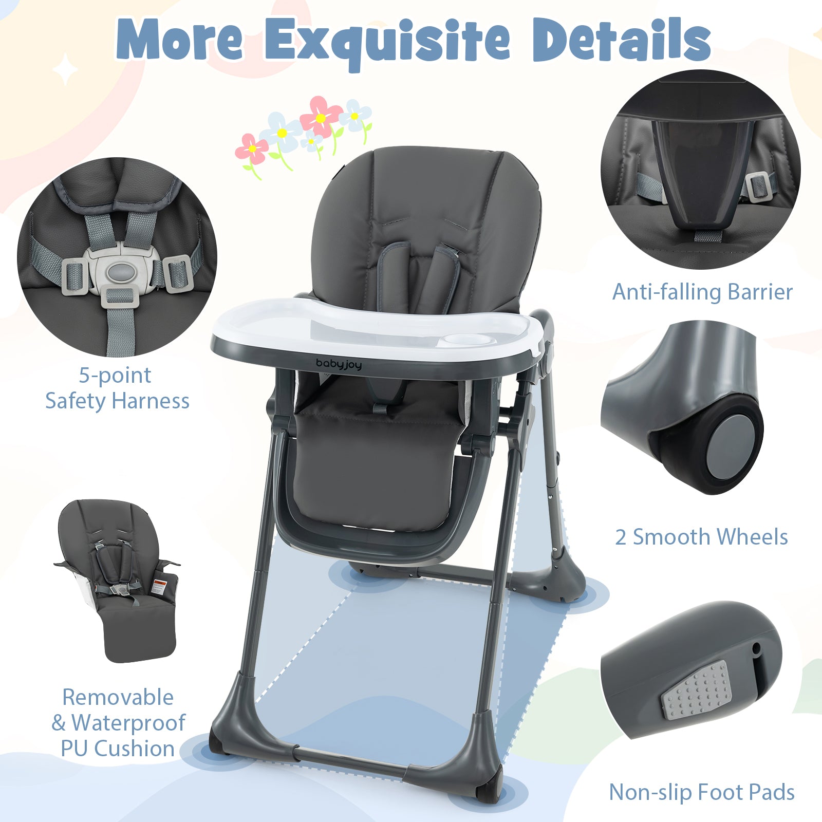 3-In-1 Convertible Baby High Chair with 7 Heights and Double Food Tray, Dark Gray High Chairs at Gallery Canada