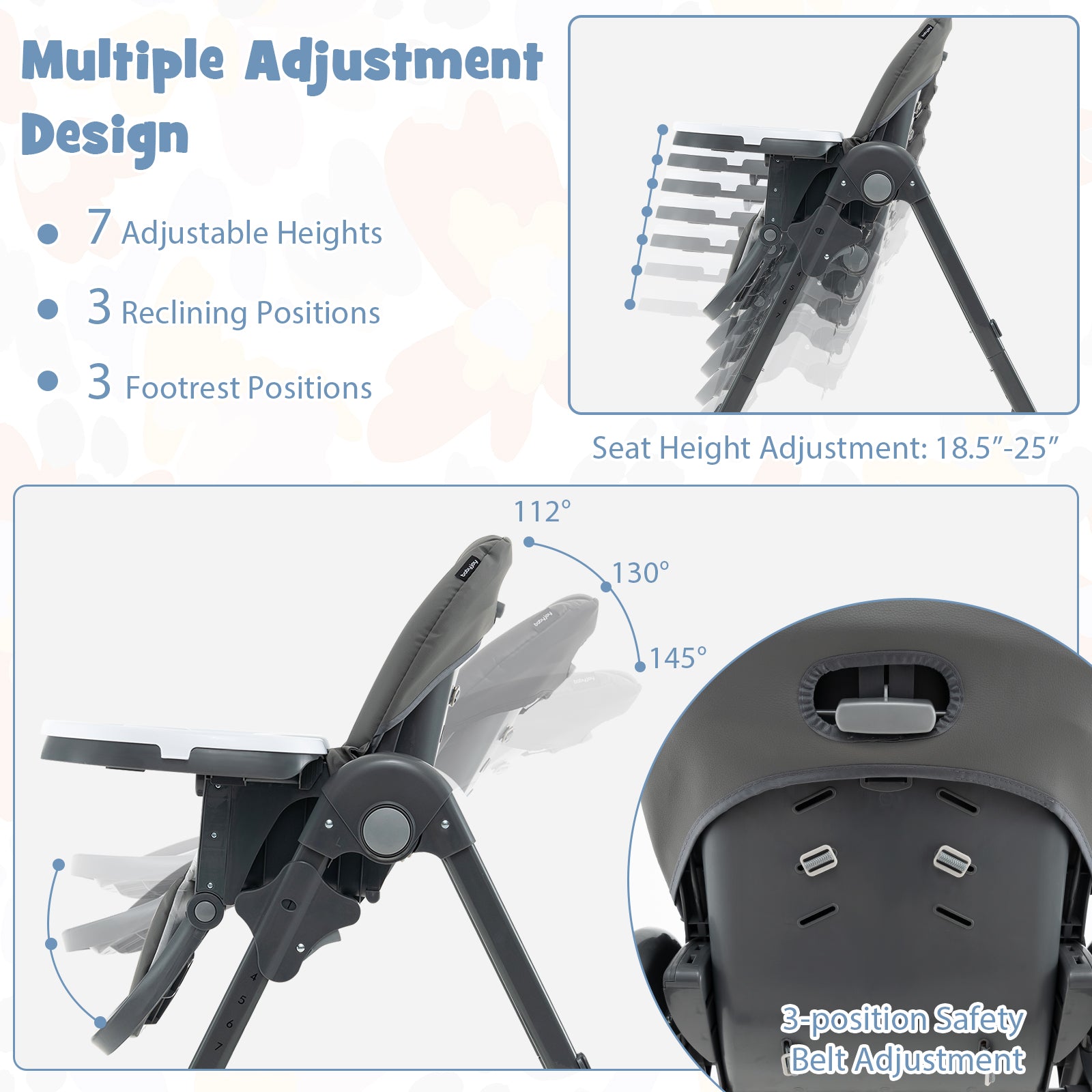 3-In-1 Convertible Baby High Chair with 7 Heights and Double Food Tray, Dark Gray High Chairs at Gallery Canada