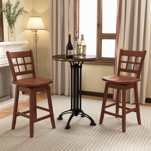 Counter Height Barstools Set of 2 with 6-Grid Hollow Back and Seat, Walnut