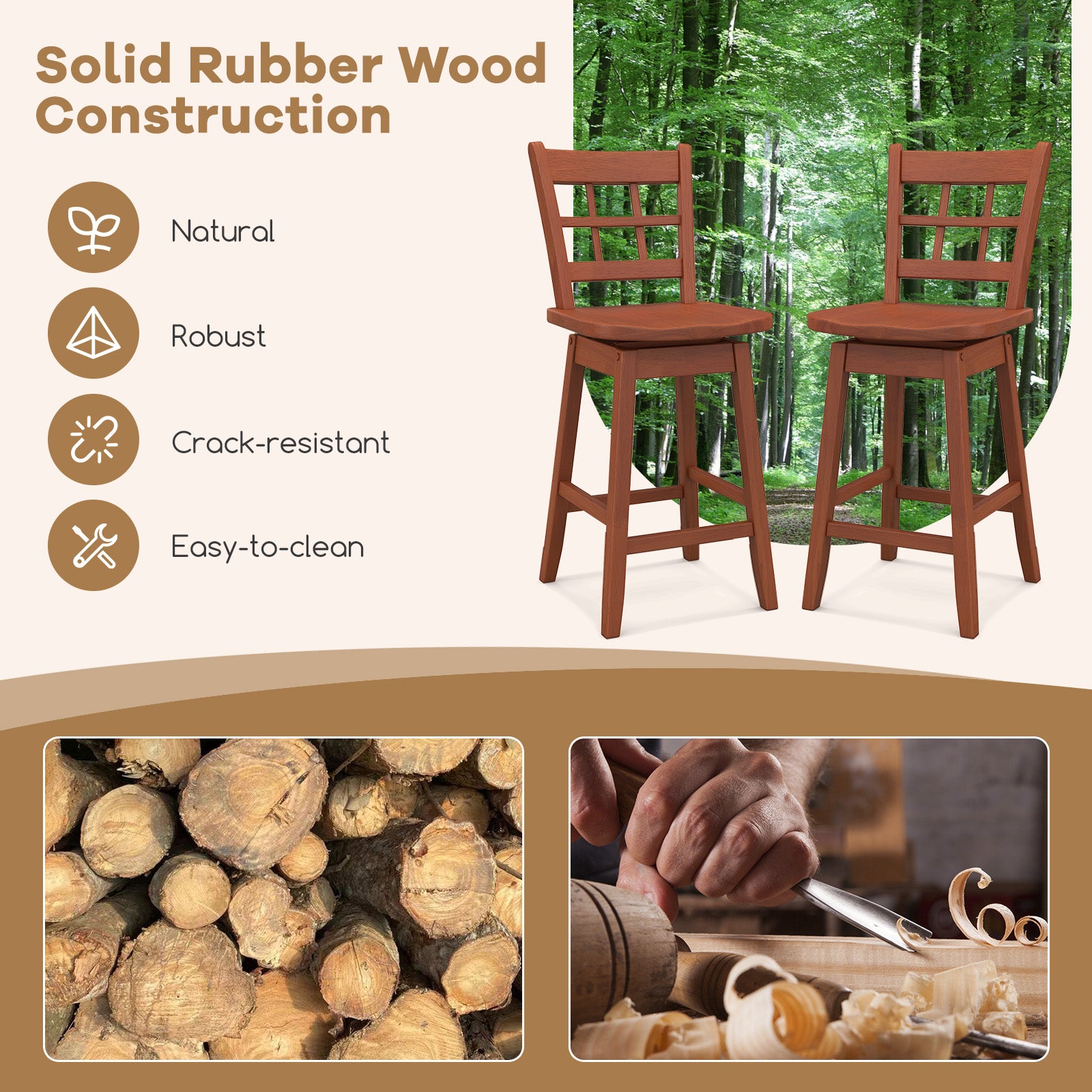 Counter Height Barstools Set of 2 with 6-Grid Hollow Back and Seat, Walnut Bar Stools at Gallery Canada