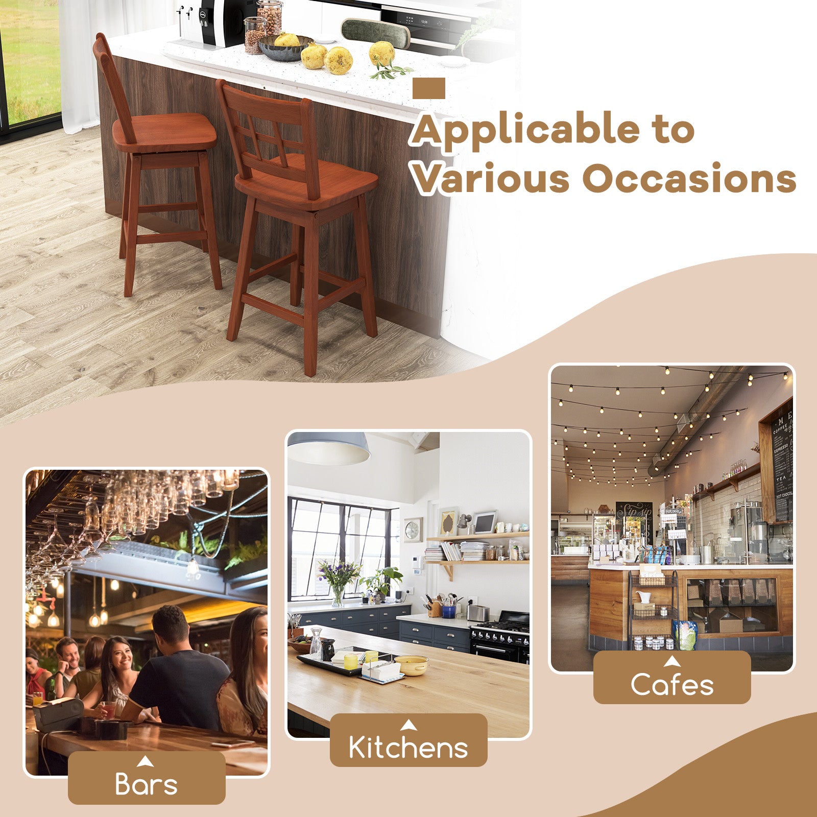 Counter Height Barstools Set of 2 with 6-Grid Hollow Back and Seat, Walnut Bar Stools at Gallery Canada