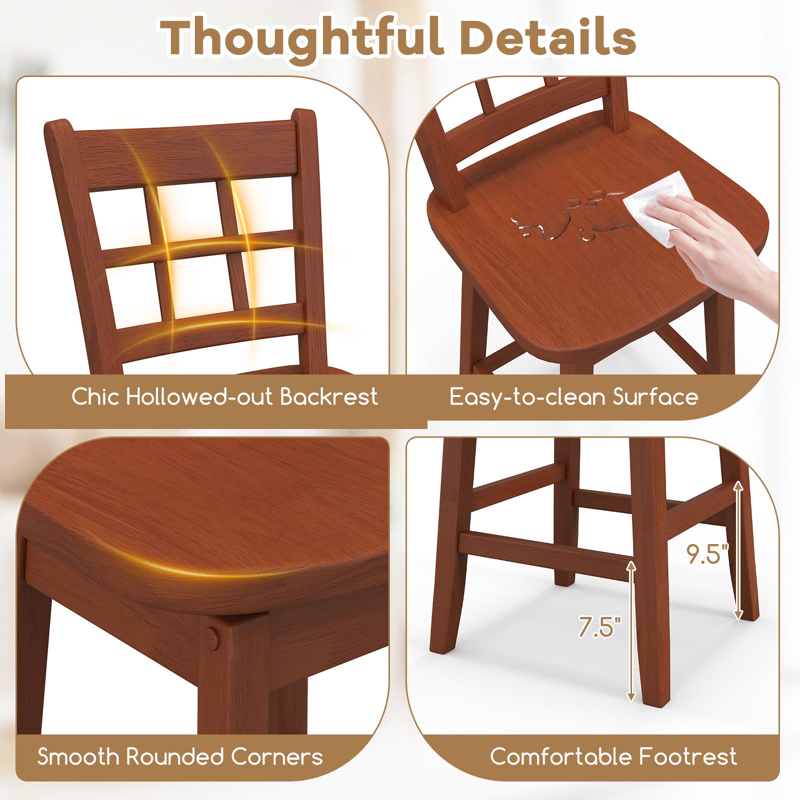 Counter Height Barstools Set of 2 with 6-Grid Hollow Back and Seat, Walnut Bar Stools at Gallery Canada