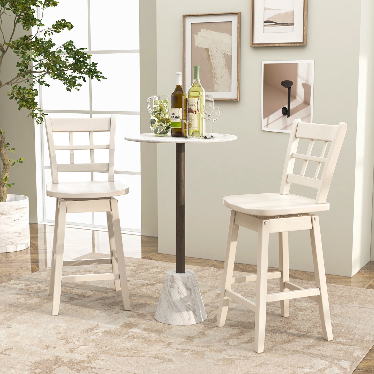 Counter Height Barstools Set of 2 with 6-Grid Hollow Back and Seat, White Bar Stools at Gallery Canada