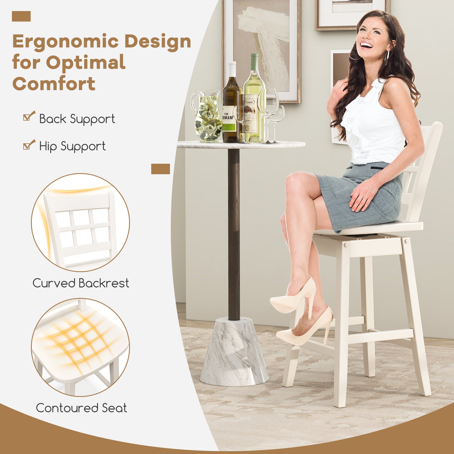 Counter Height Barstools Set of 2 with 6-Grid Hollow Back and Seat, White Bar Stools at Gallery Canada