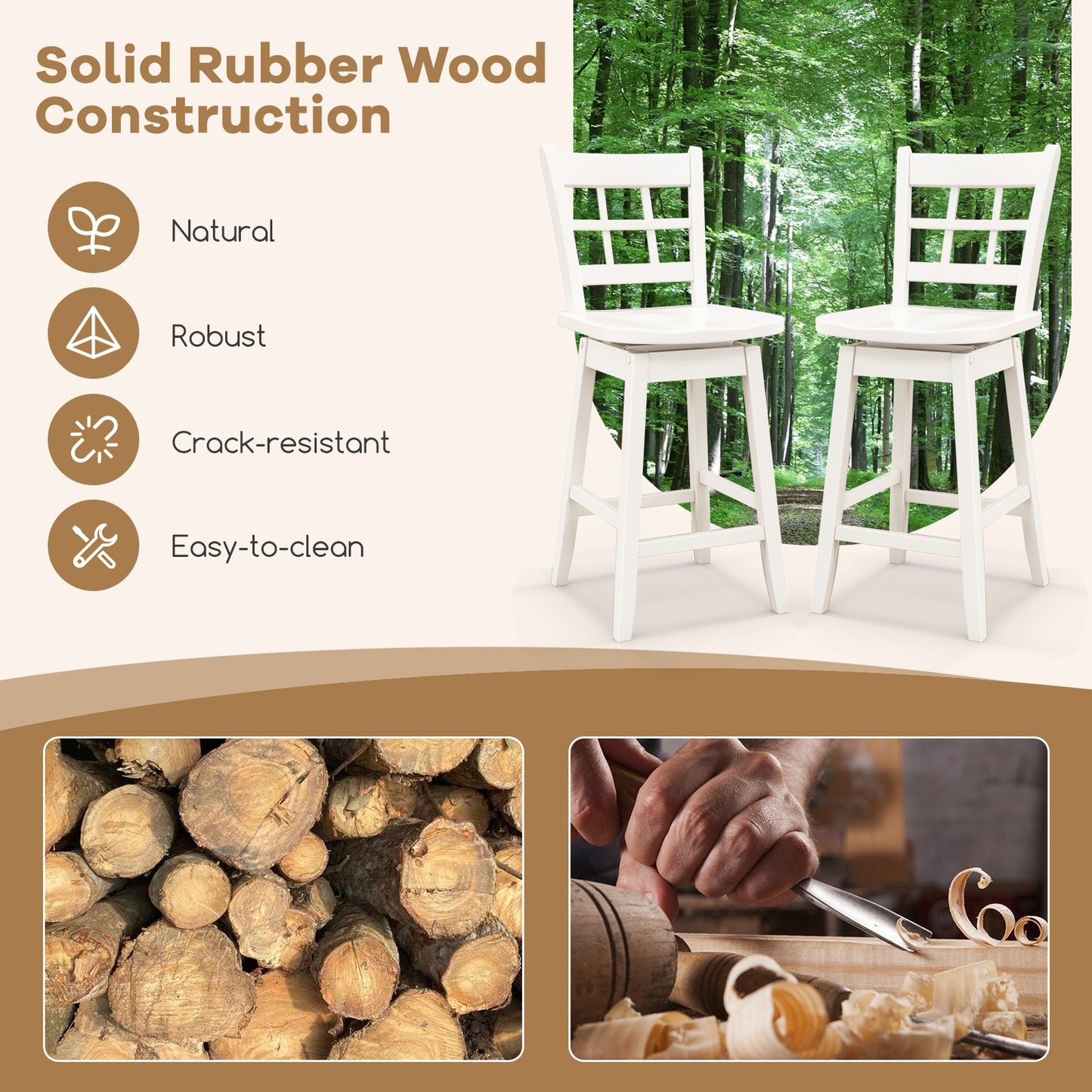 Counter Height Barstools Set of 2 with 6-Grid Hollow Back and Seat, White Bar Stools at Gallery Canada