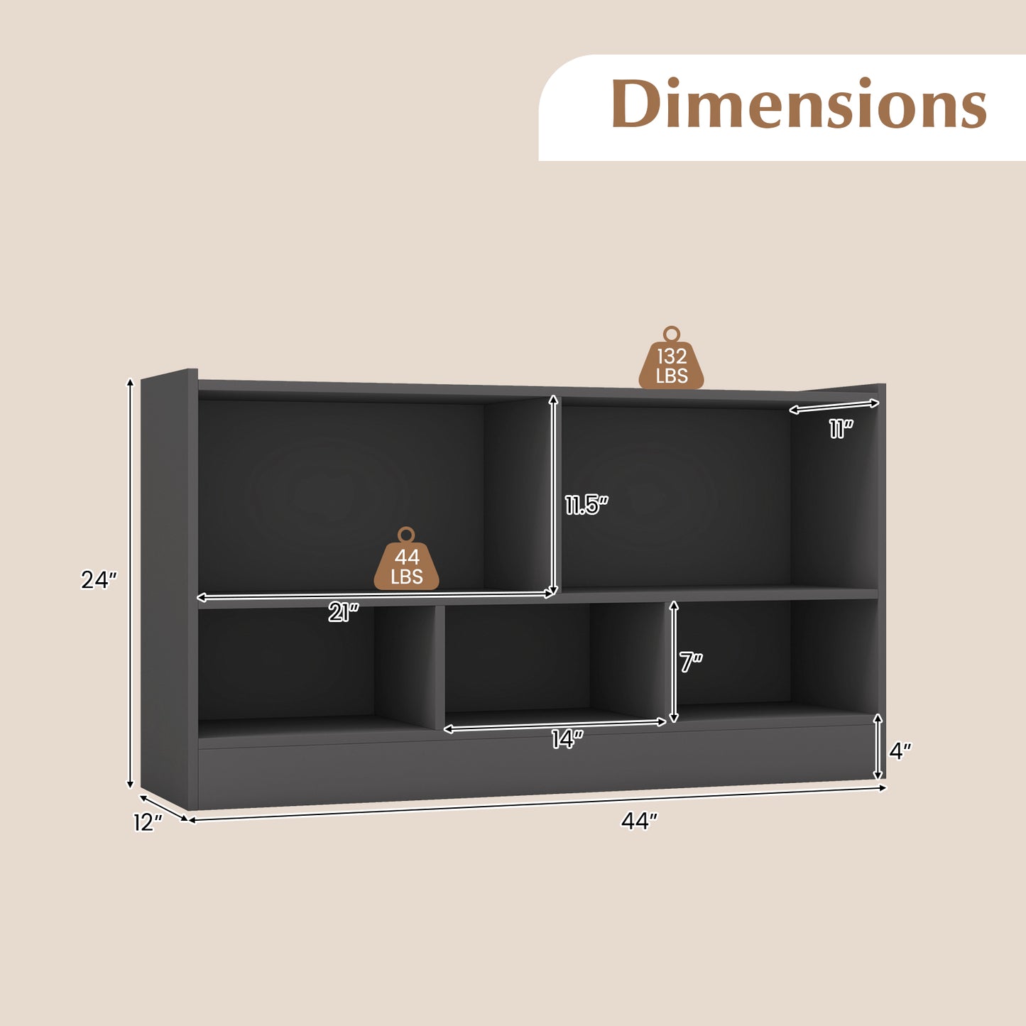 Kids 2-Shelf Bookcase 5-Cube Wood Toy Storage Cabinet Organizer, Gray Kids Storage at Gallery Canada
