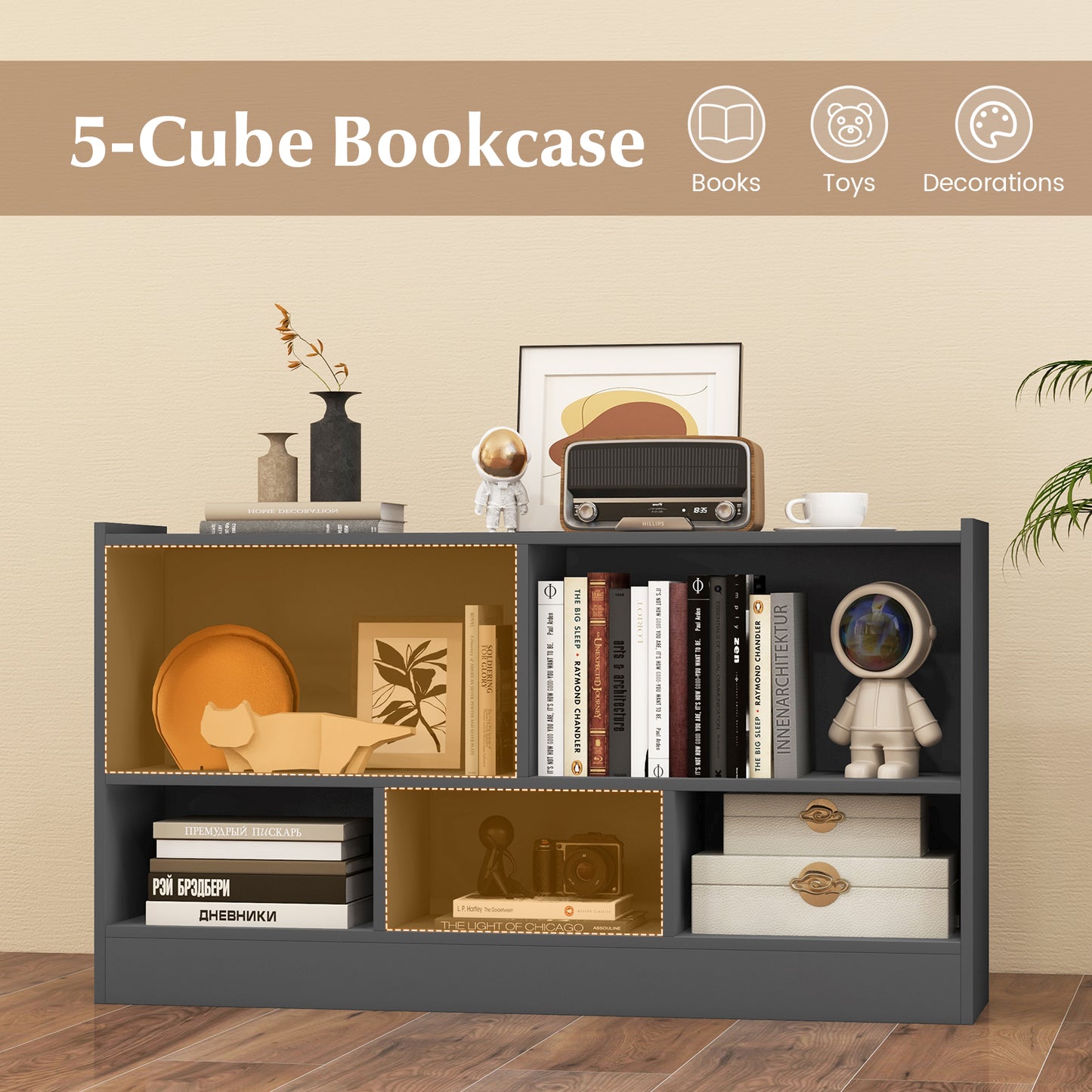 Kids 2-Shelf Bookcase 5-Cube Wood Toy Storage Cabinet Organizer, Gray Kids Storage at Gallery Canada