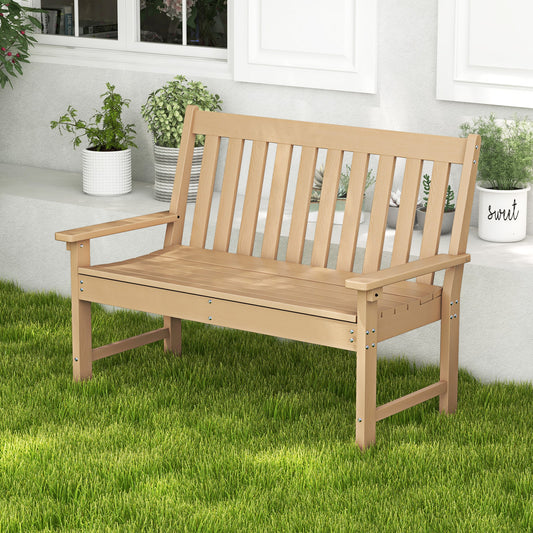 52 Inch All-Weather HDPE Outdoor Bench with Backrest and Armrests, Teak Outdoor Benches Teak at Gallery Canada
