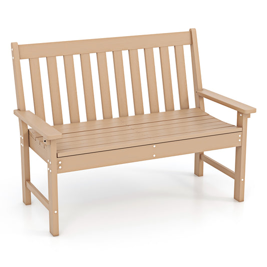 52 Inch All-Weather HDPE Outdoor Bench with Backrest and Armrests, Teak Outdoor Benches Teak at Gallery Canada