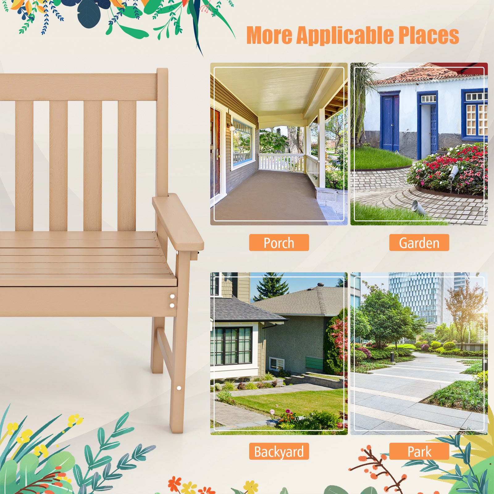 52 Inch All-Weather HDPE Outdoor Bench with Backrest and Armrests, Teak Outdoor Benches at Gallery Canada