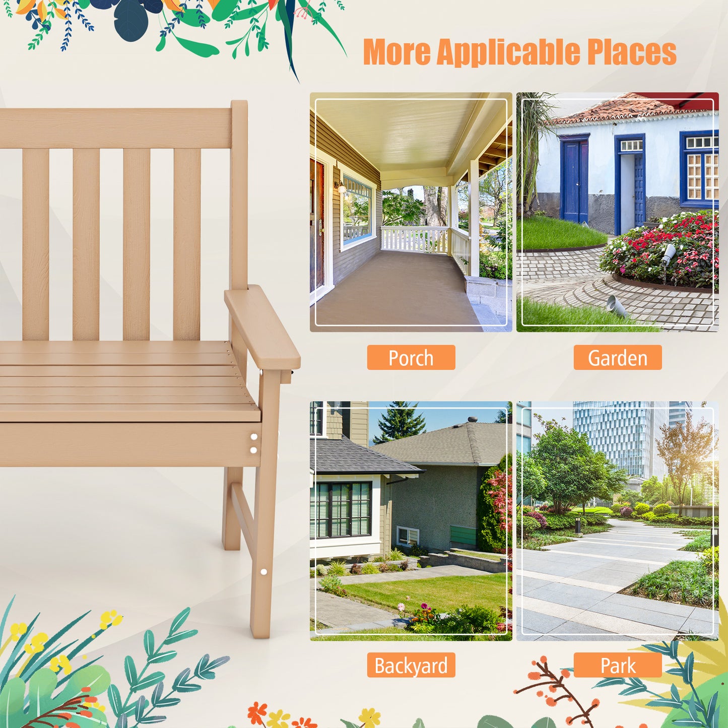 52 Inch All-Weather HDPE Outdoor Bench with Backrest and Armrests, Teak Outdoor Benches at Gallery Canada