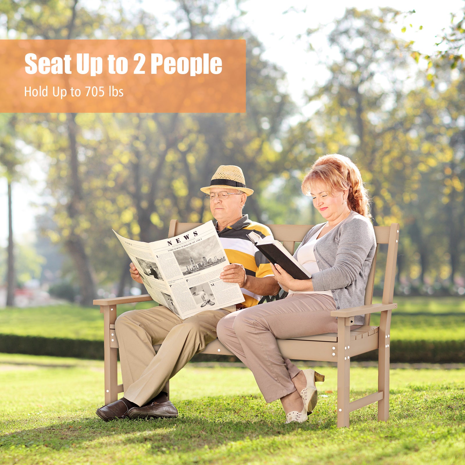 52 Inch All-Weather HDPE Outdoor Bench with Backrest and Armrests, Teak Outdoor Benches at Gallery Canada