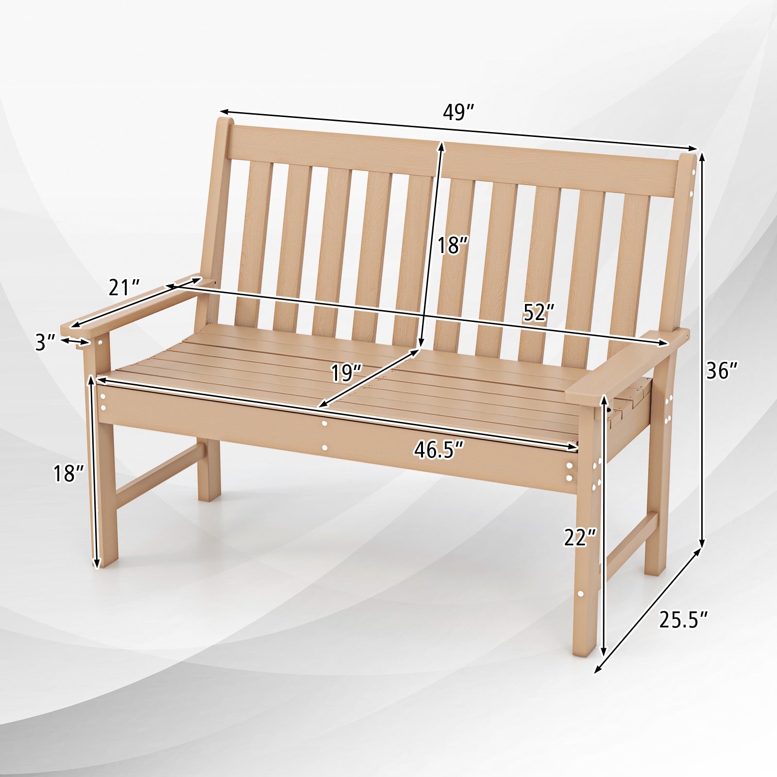 52 Inch All-Weather HDPE Outdoor Bench with Backrest and Armrests, Teak Outdoor Benches at Gallery Canada