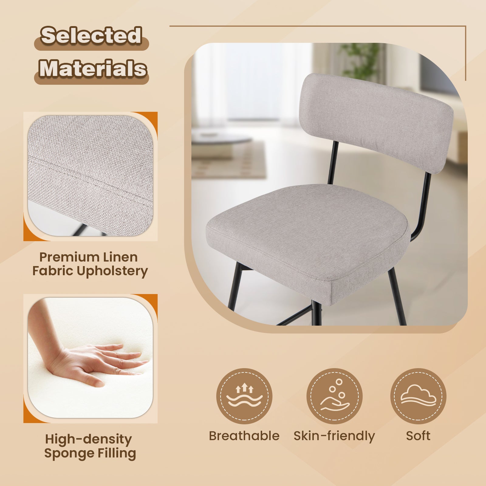 25 Inch 2-Piece Modern Upholstered Bar Stools with Back, Beige Bar Stools at Gallery Canada