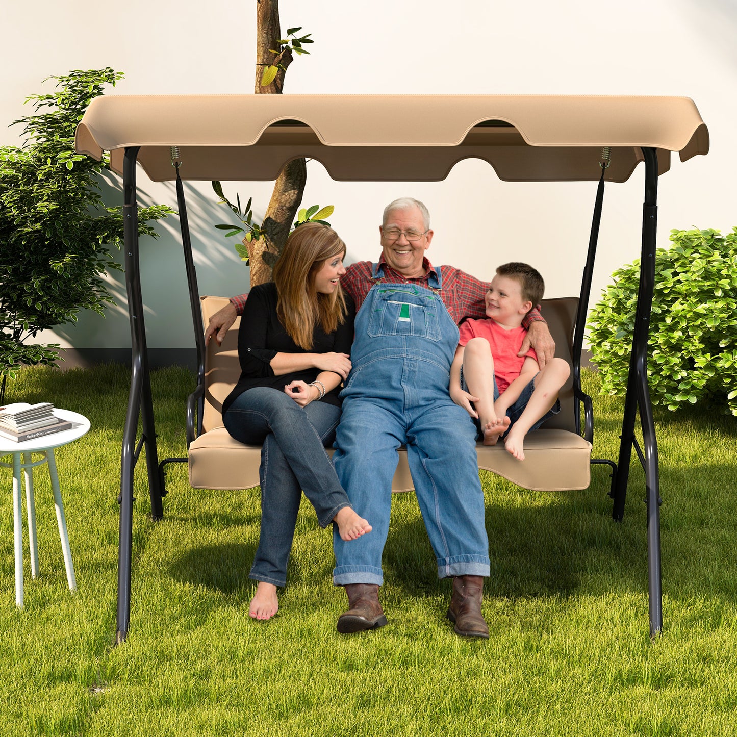 3 Seat Outdoor Patio Canopy Swing with Cushioned Steel Frame, Beige Porch Swings at Gallery Canada