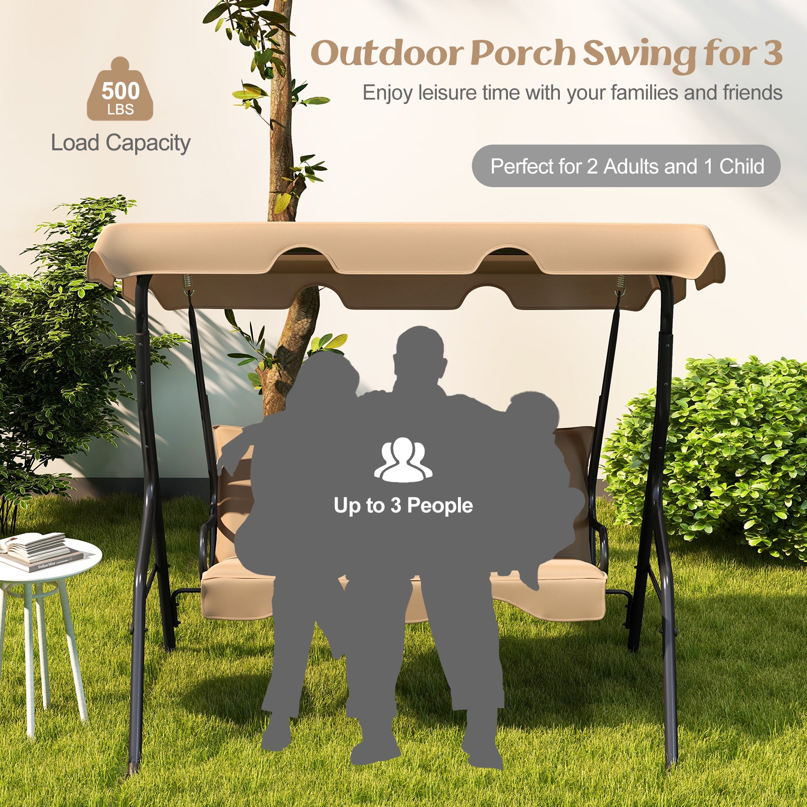 3 Seat Outdoor Patio Canopy Swing with Cushioned Steel Frame, Beige Porch Swings at Gallery Canada