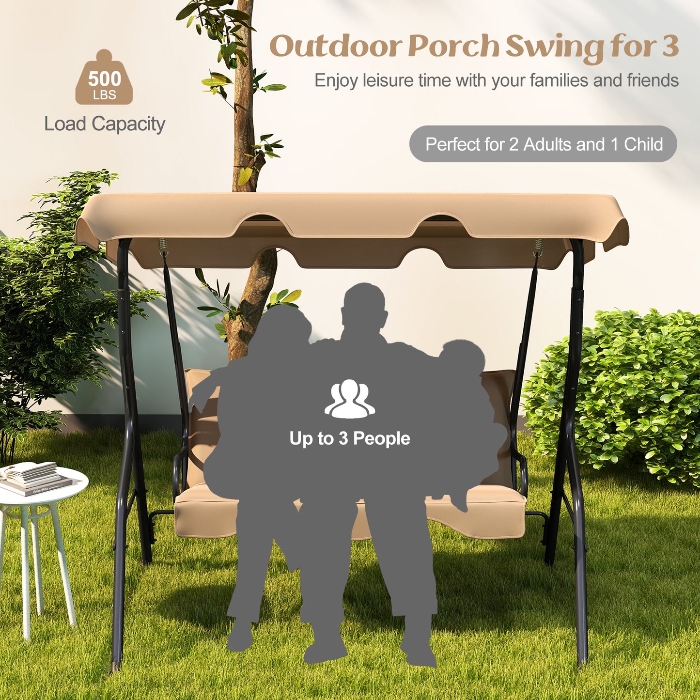 3 Seat Outdoor Patio Canopy Swing with Cushioned Steel Frame, Beige Porch Swings at Gallery Canada