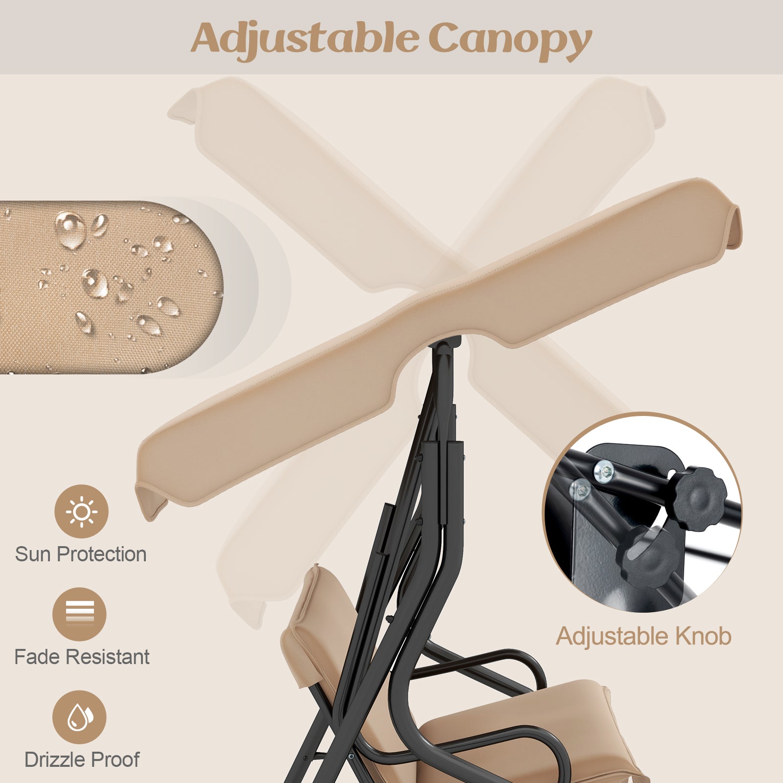 3 Seat Outdoor Patio Canopy Swing with Cushioned Steel Frame, Beige Porch Swings at Gallery Canada