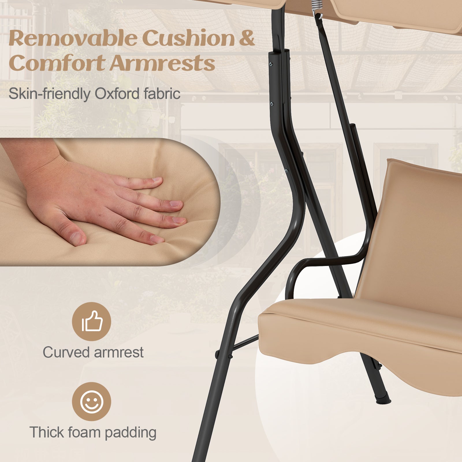 3 Seat Outdoor Patio Canopy Swing with Cushioned Steel Frame, Beige Porch Swings at Gallery Canada