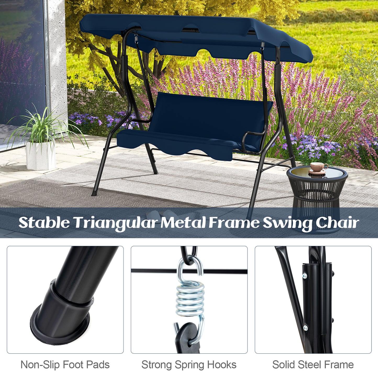 3-Seat Outdoor Patio Canopy Swing, Navy Porch Swings at Gallery Canada