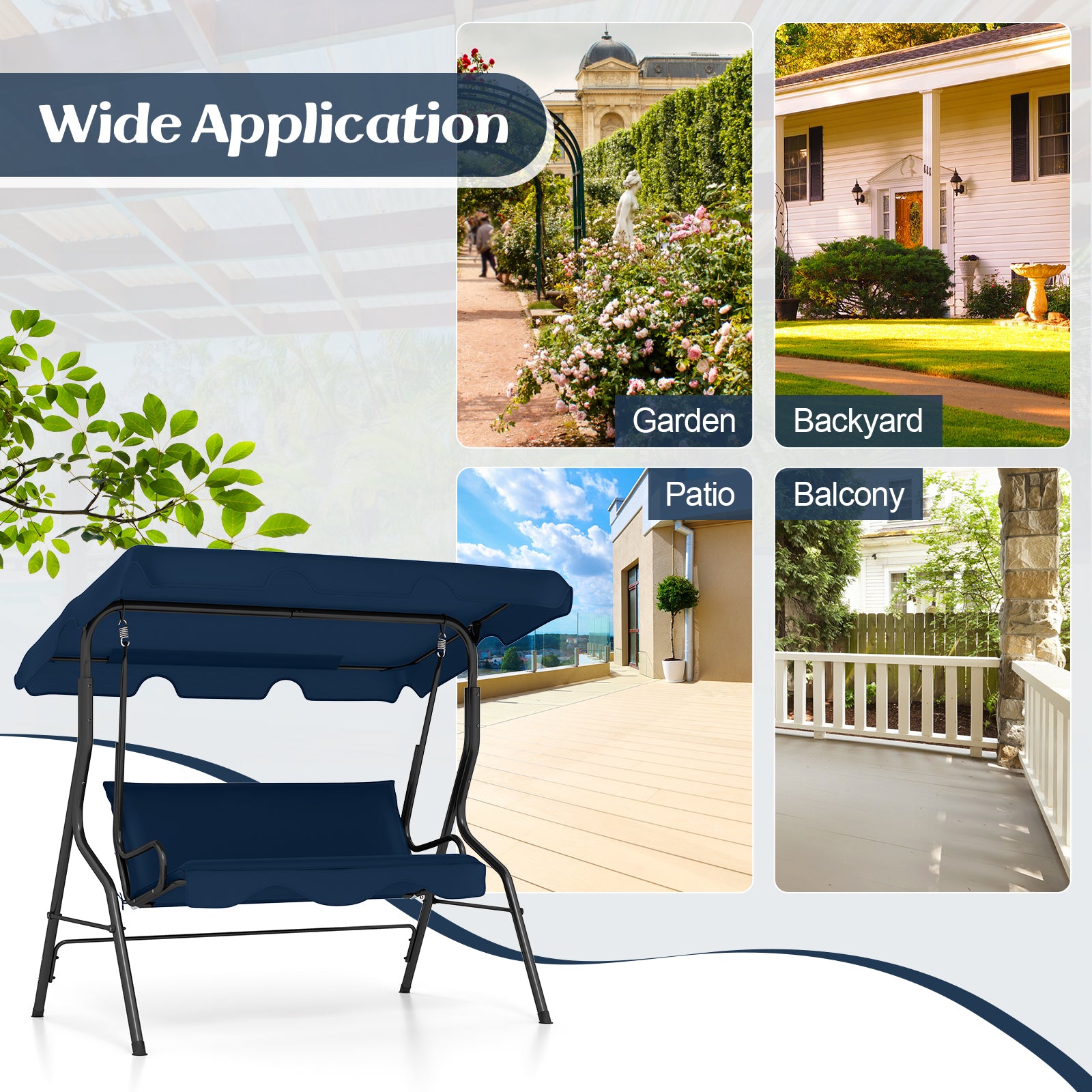 3-Seat Outdoor Patio Canopy Swing, Navy Porch Swings at Gallery Canada