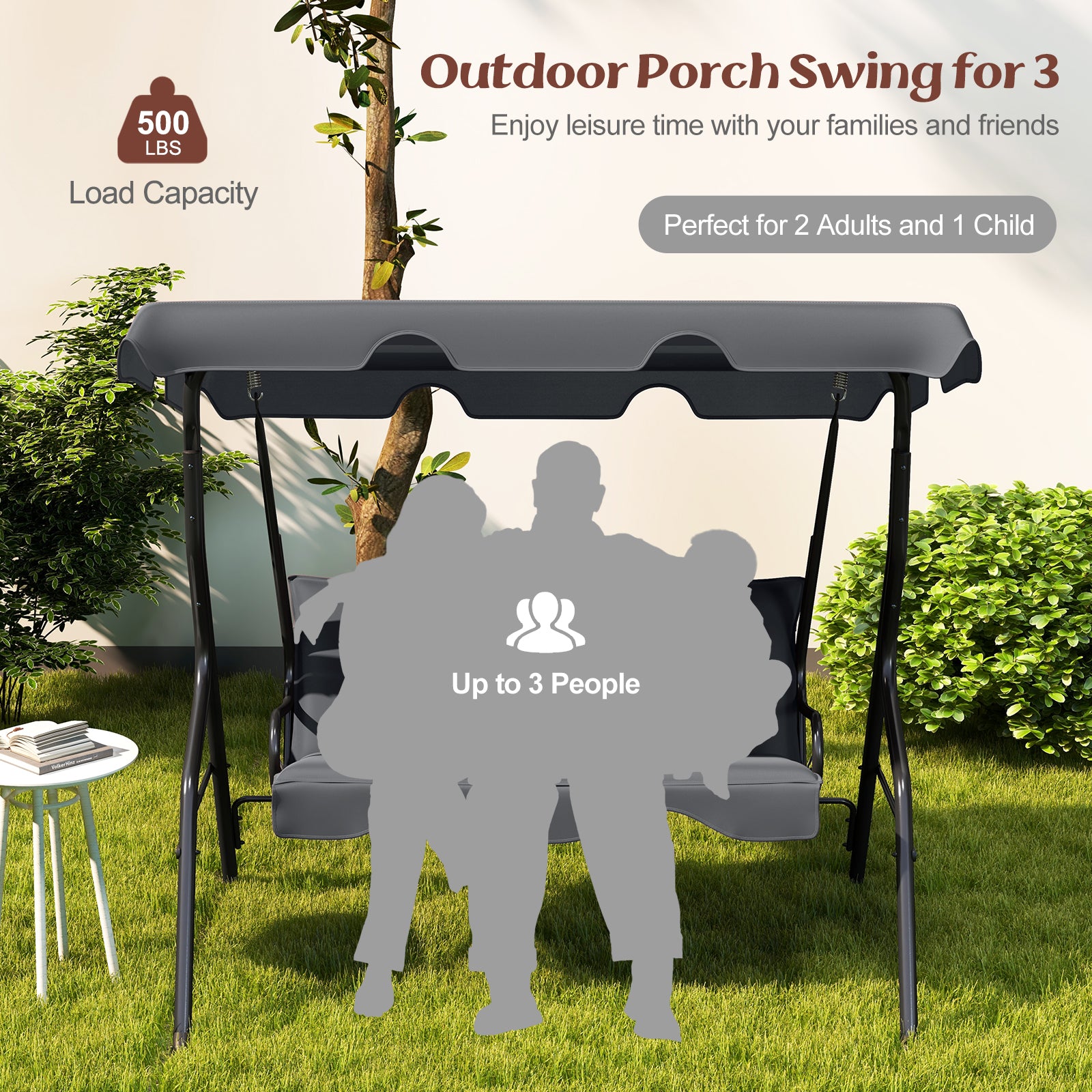 3-Seat Outdoor Patio Canopy Swing with Cushioned Steel Frame, Gray Porch Swings at Gallery Canada