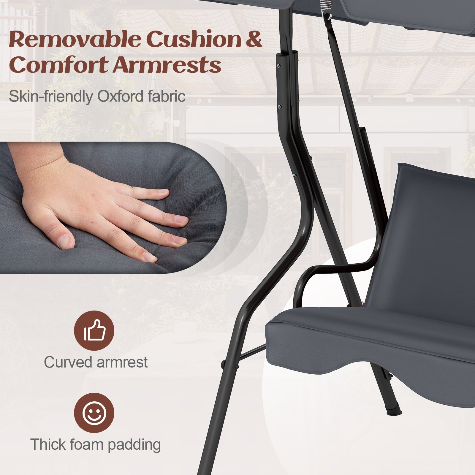 3-Seat Outdoor Patio Canopy Swing with Cushioned Steel Frame, Gray Porch Swings at Gallery Canada