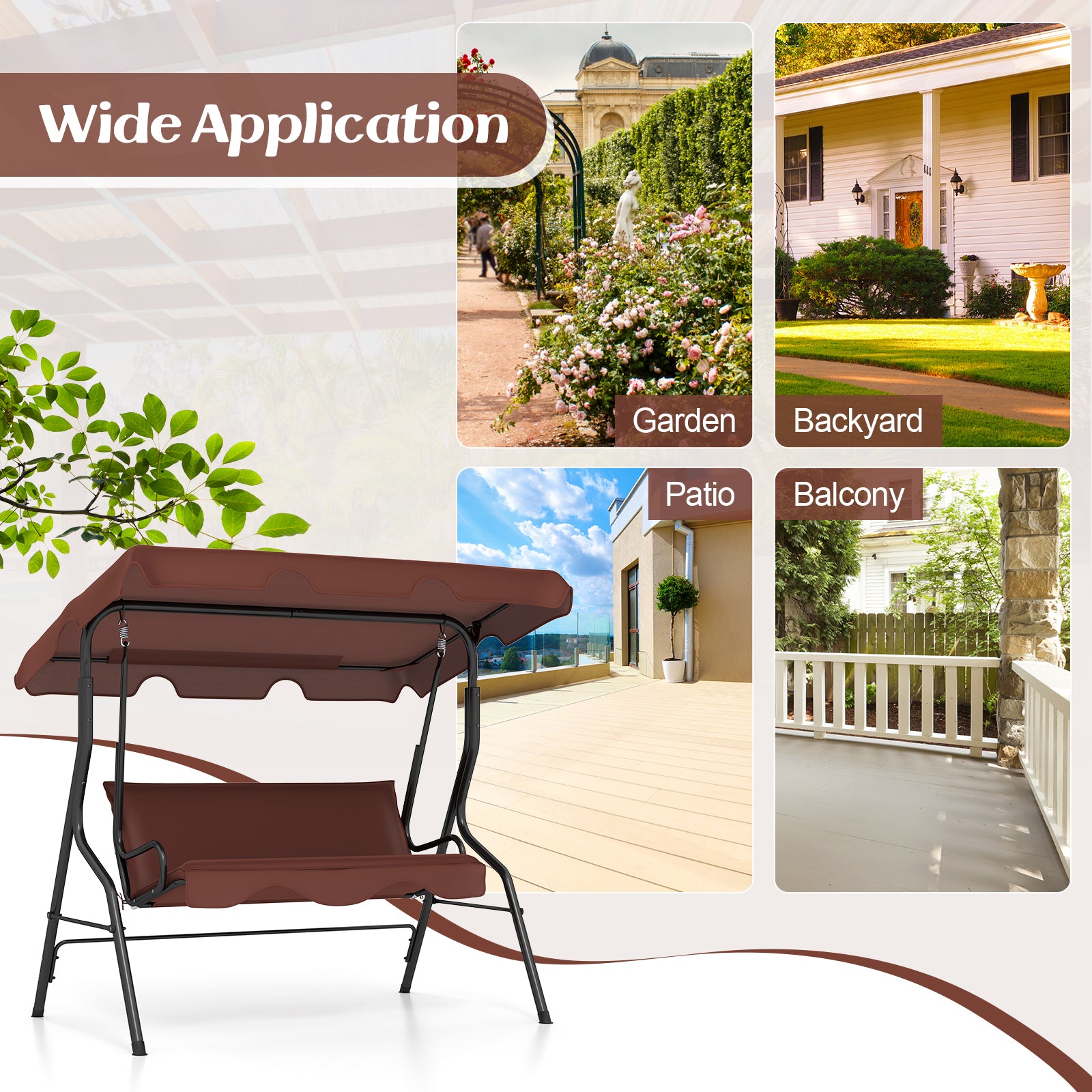 3 Seats Patio Canopy Swing, Brown Porch Swings at Gallery Canada