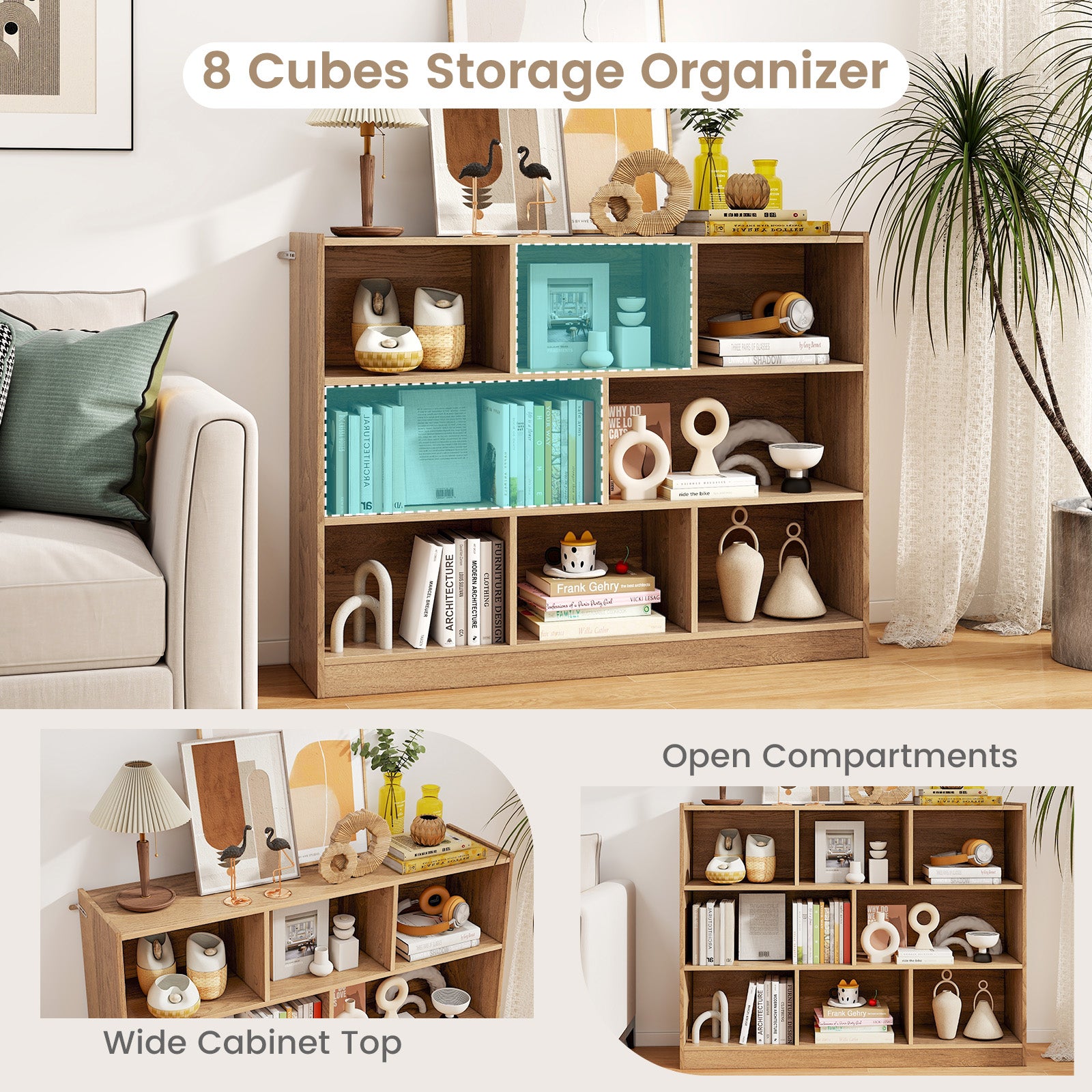 3-Tier Open Bookcase 8-Cube Floor Standing Storage Shelves, Natural Bookcases at Gallery Canada