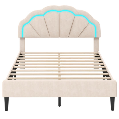 Upholstered LED Bed Frame with Adjustable Flower Headboard and Metal Support Feet-Full Size Trundle Bed Frame at Gallery Canada