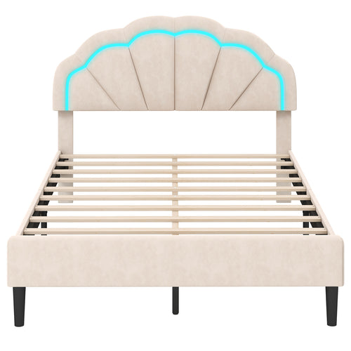 Upholstered LED Bed Frame, Adjustable Headboard, Full Size
