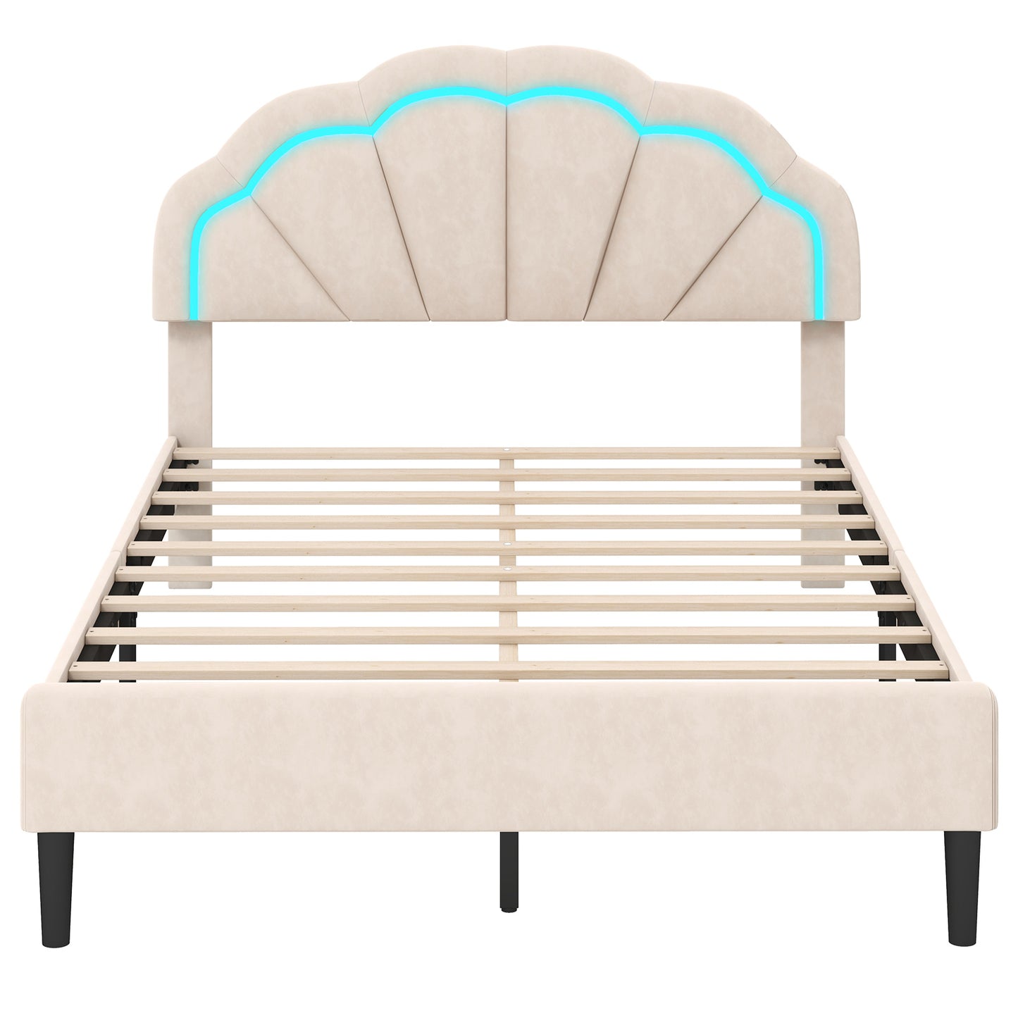 Upholstered LED Bed Frame with Adjustable Flower Headboard and Metal Support Feet-Full Size Trundle Bed Frame Full Size - Beige at Gallery Canada