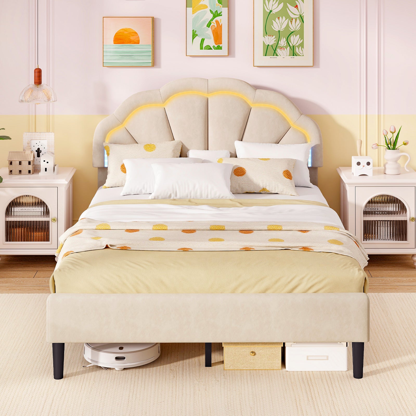 Upholstered LED Bed Frame with Adjustable Flower Headboard and Metal Support Feet-Full Size Trundle Bed Frame at Gallery Canada