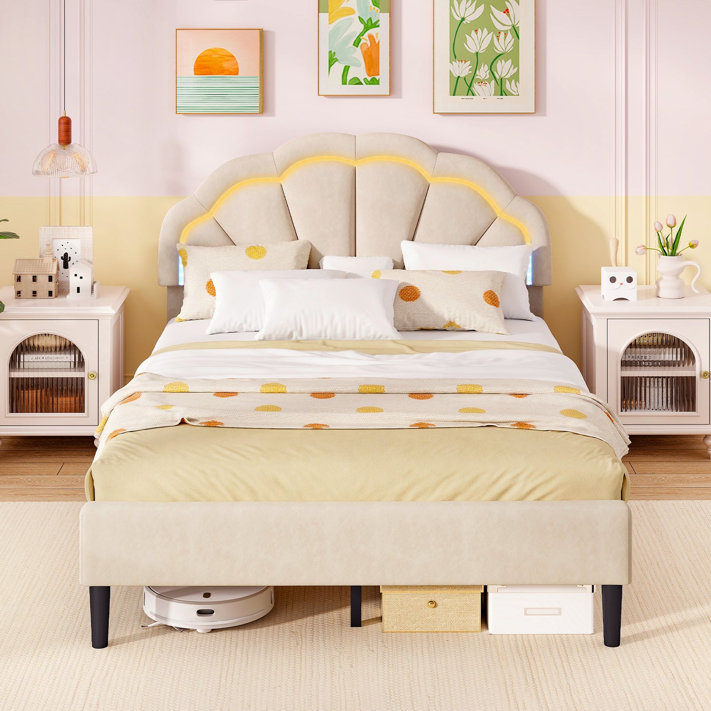 Upholstered LED Bed Frame with Adjustable Flower Headboard and Metal Support Feet-Full Size Trundle Bed Frame at Gallery Canada