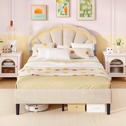 Upholstered LED Bed Frame with Adjustable Flower Headboard and Metal Support Feet-Full Size Trundle Bed Frame at Gallery Canada