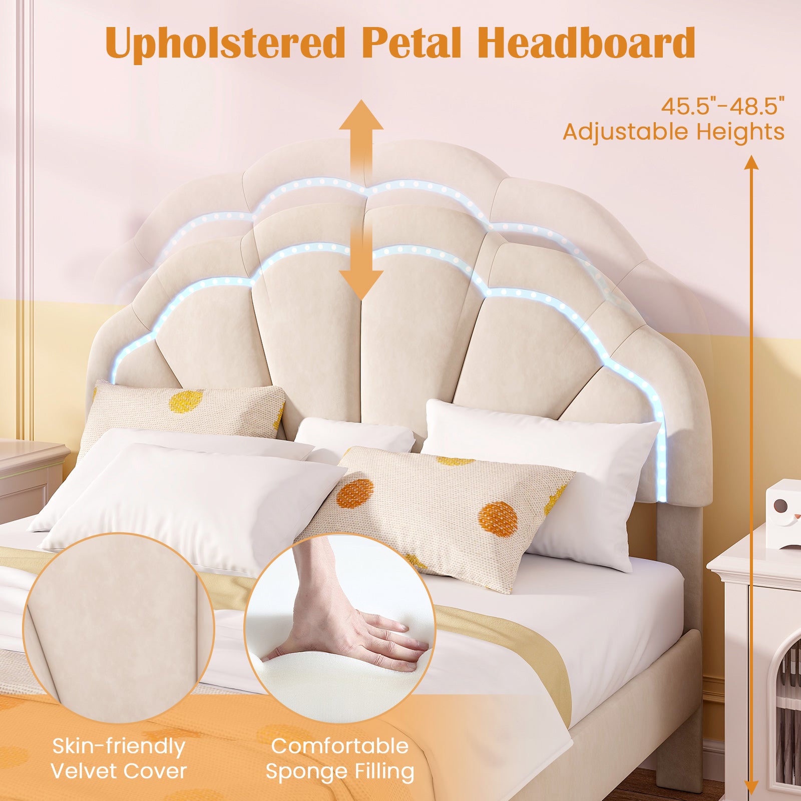 Upholstered LED Bed Frame with Adjustable Flower Headboard and Metal Support Feet-Full Size Trundle Bed Frame at Gallery Canada