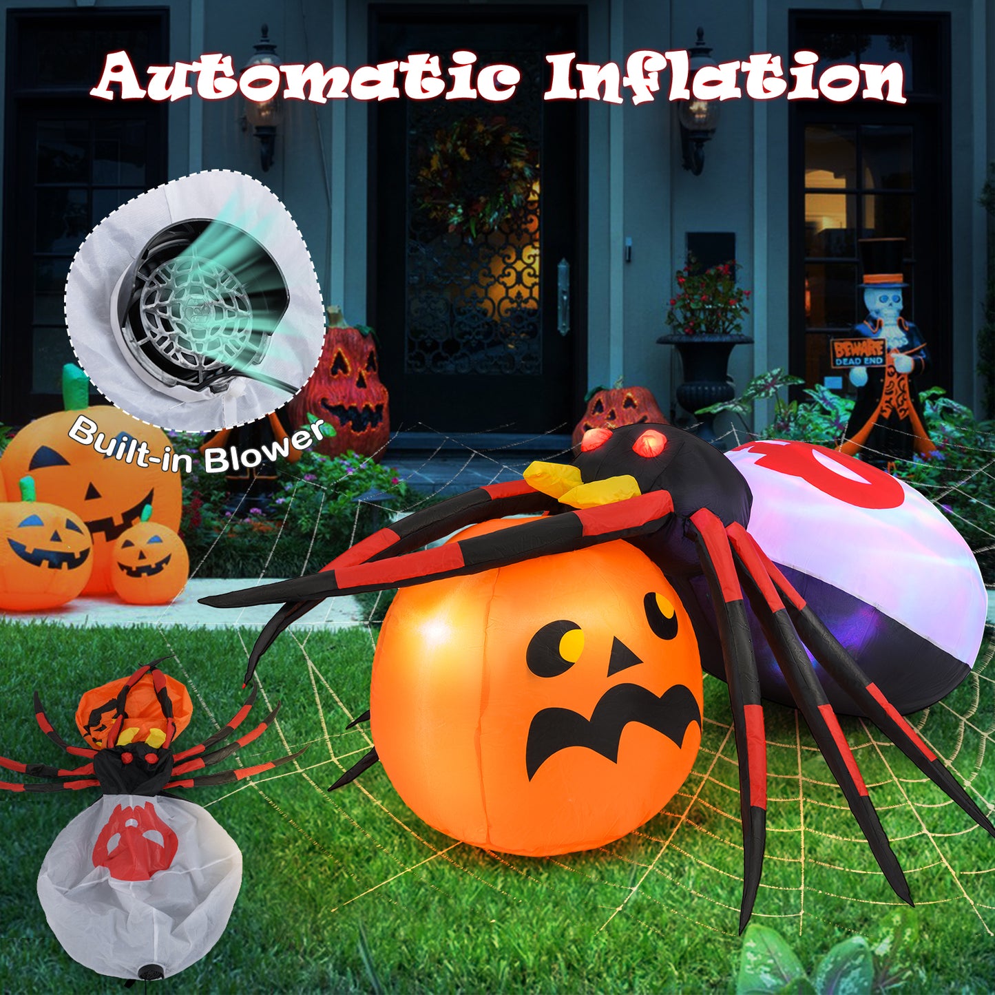 4.9 x 4.6 Feet Inflatable Spider with Pumpkin and Rotating Light, Multicolor Halloween at Gallery Canada
