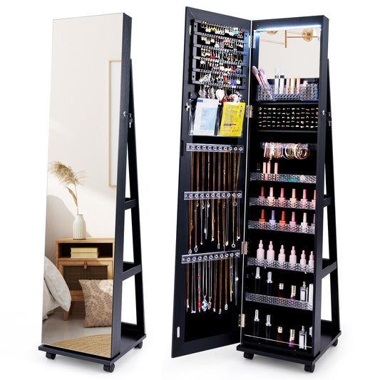 64 Inches Lockable Jewelry Cabinet, With Built-In Mirror, Black Jewelry Armoires Black at Gallery Canada