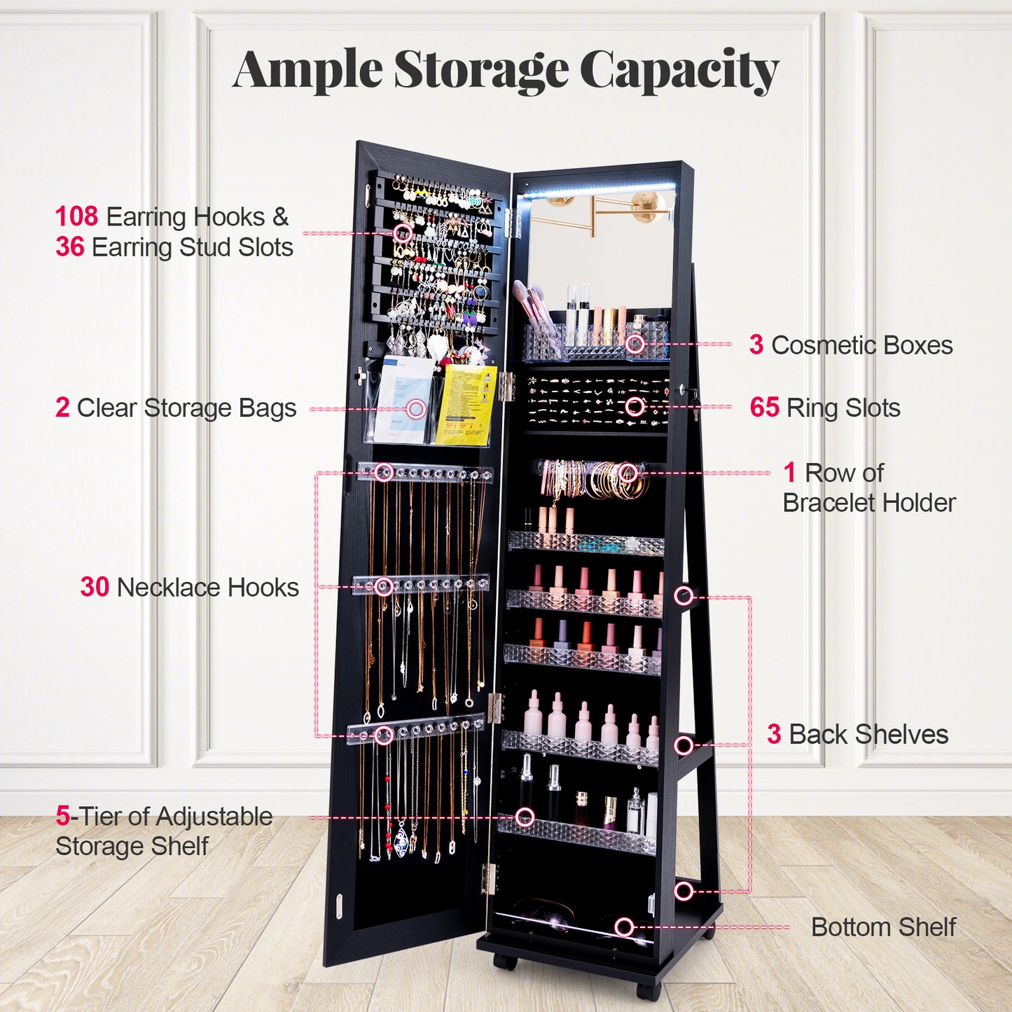 Armoire à bijoux verrouillable de 64 pouces, avec miroir intégré, noir