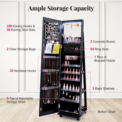 Armoire à bijoux verrouillable de 64 pouces, avec miroir intégré, noir