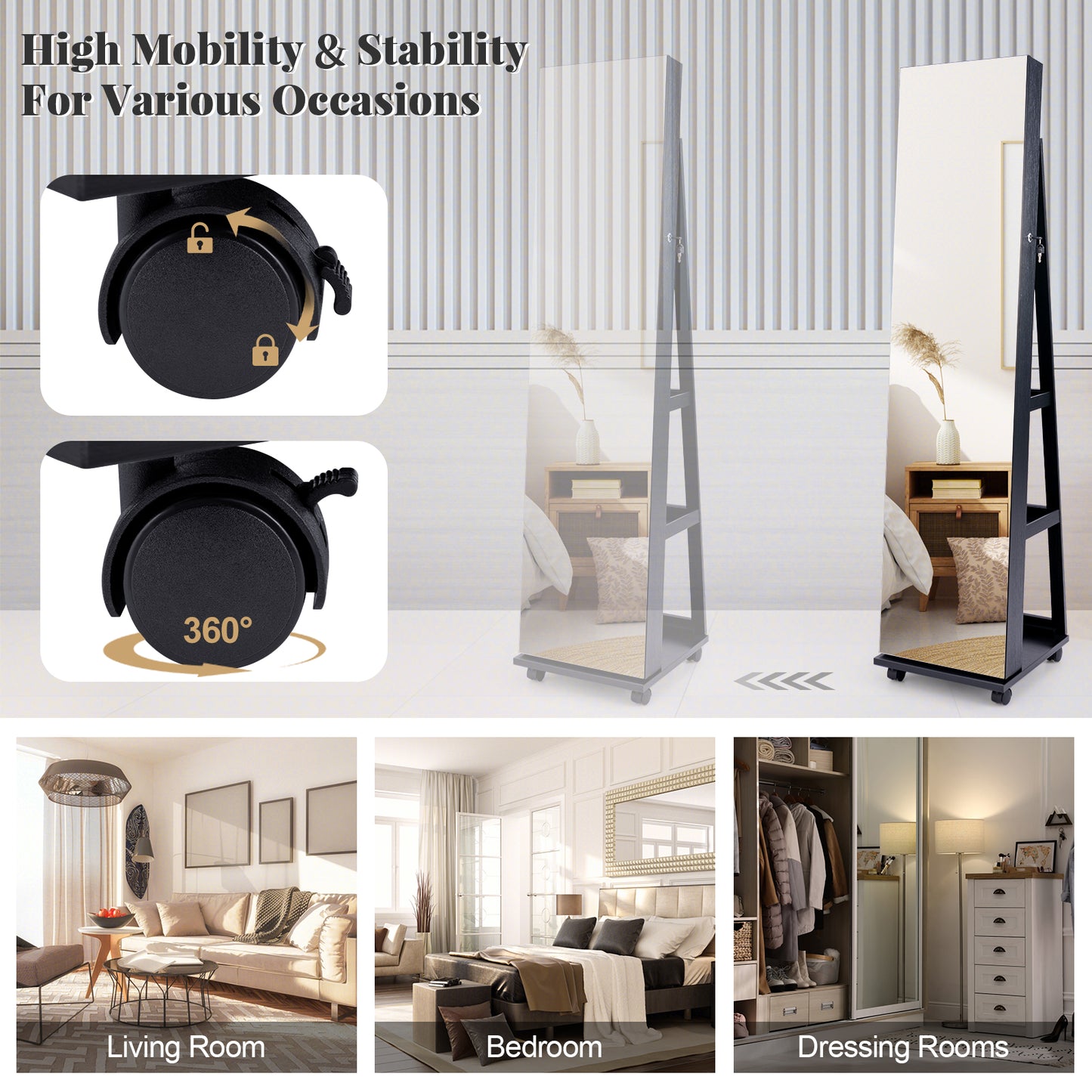 Armoire à bijoux verrouillable de 64 pouces, avec miroir intégré, noir