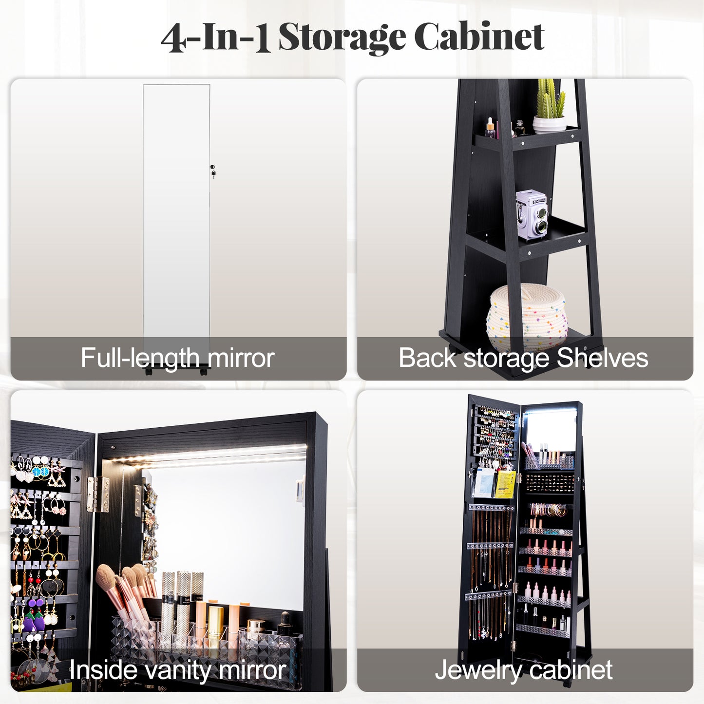 Armoire à bijoux verrouillable de 64 pouces, avec miroir intégré, noir