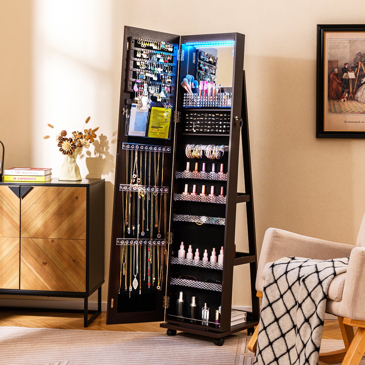Armoire à bijoux verrouillable de 64 pouces avec miroir de maquillage intégré, violet