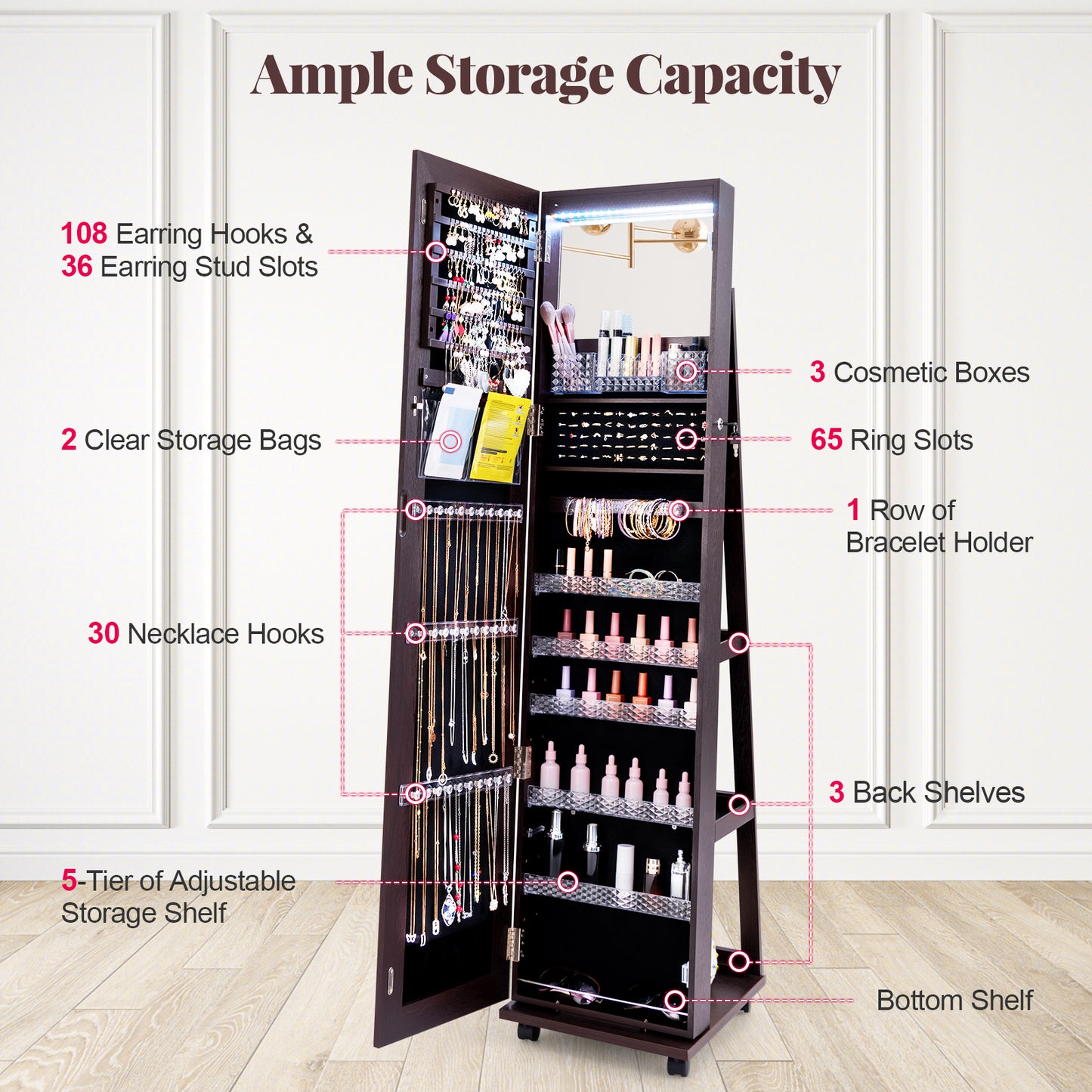 Armoire à bijoux verrouillable de 64 pouces avec miroir de maquillage intégré, violet